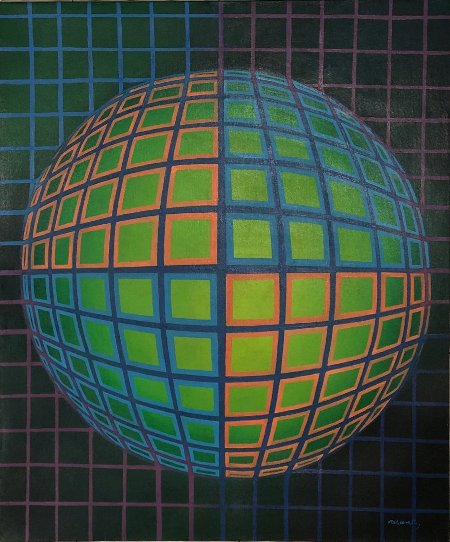 Victor Vasarely (Oil on Canvas) In the Stye Of: Vasarely appears lower right. Technique: Oil on Canvas. Measures: 28 3/8 by 23 1/2 inches. Provenance: Private Collection of Nikita Sovorof, send to US in June 2019 to be sold. Lived Between (9 April 