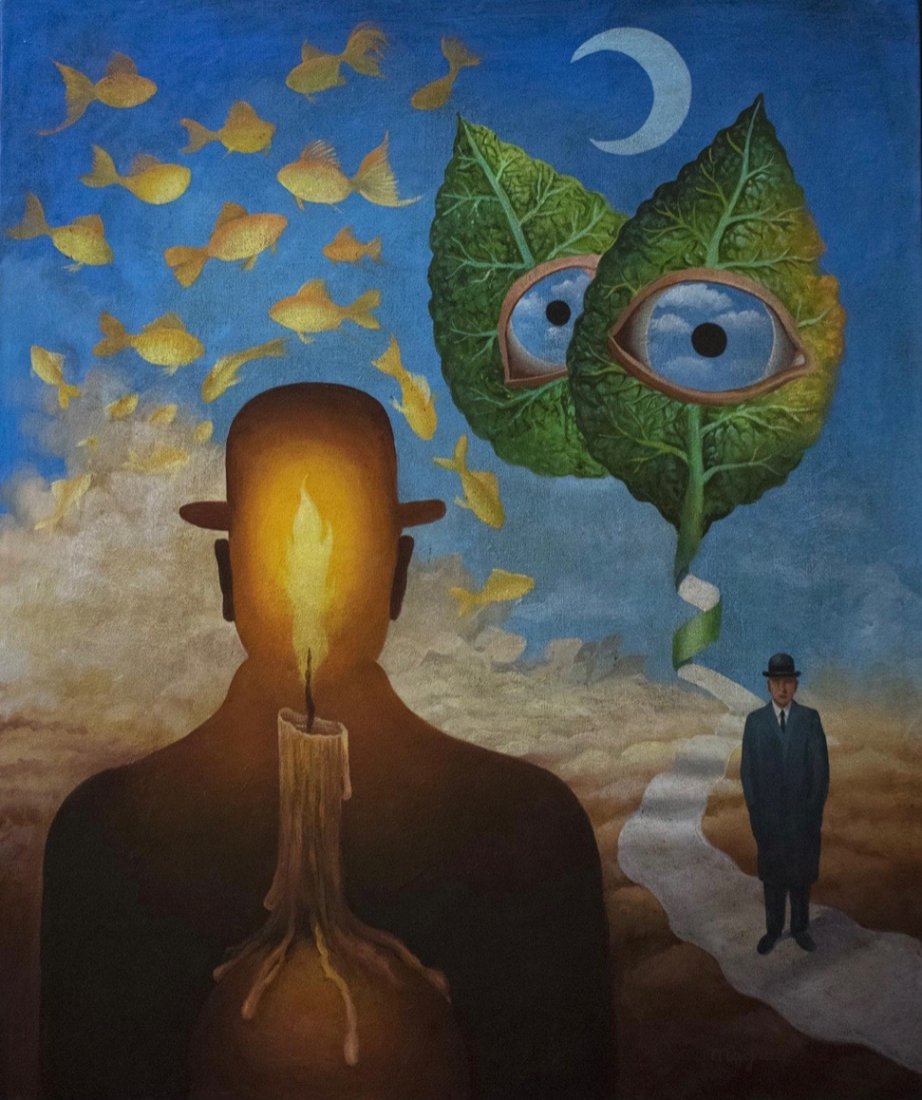 Rene Magritte (Oil on Canvas) in the style of: Rene Magritte appears in front and verso. Technique: Oil on canvas. Measures: 23 1/2 x 19 1/2 inches. Provenance: Collection of Edouard Leon Belgian Acquired from the Son of the last owner , Private C