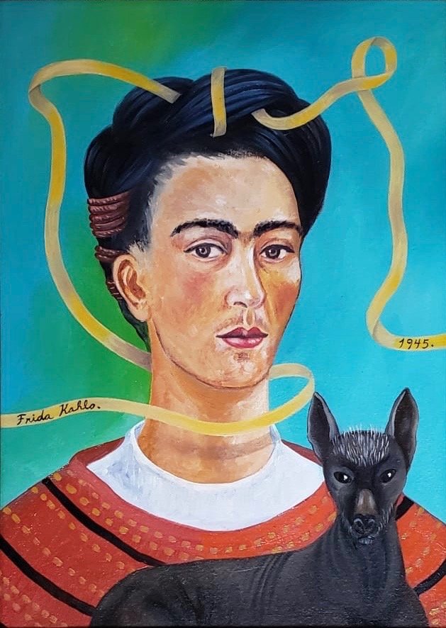 Frida Kahlo (Oil on Canvas) In the Style of: Frida Kahlo appears in the middle of margin. Technique: Oil on canvas. Measures: 15 x 11 inches. Provenance From the collection of Rafael Vicencio Acquired in 1957 from Alberto Misrachi , Sold in 1965
