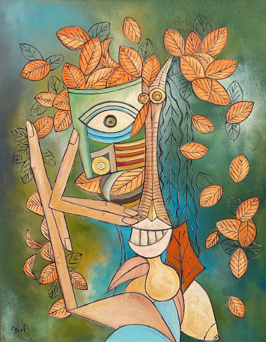 Wifredo Lam (Oil on Canvas) In the Style Of: Wifredo Lam appears lower right. Technique: Oil on canvas. Measures: 19 3/4 x 15 1/2 inches. Provenance: Private Collection Cuba Sold to Oswaldo Benites Private collection Florida. Biography: A Certif