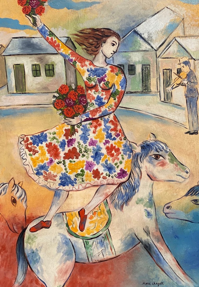 Marc Chagall (Oil on canvas) In the style of: Marc Chagall appears lower right. Technique: Oil on canvas. Measures: 27 x 20 inches. Provenance: Private collection Europe , Part of the collection of Georges Blache Anonymous sale in 1989.A Certific