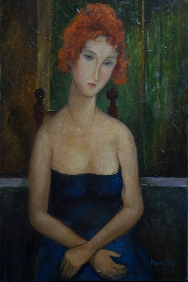 Amedeo Modigliani (Oil on Canvas) In the Style of: Modigliani appears lower right and also in the Back of the painting.Title: Portret Van Dame Technique: Oil on canvas. Measures: 23 1/2 x 15 1/2 inches. Provenance: Private Collection New York, Acquire