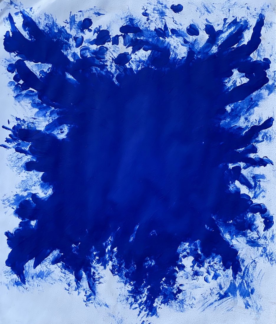 Yves Klein (Blue Pigment on paper) in the style of: Yves appears on verso. Technique: Blue Pigment on on paper. Measures: 15 x 12 1/2 inches. Provenance: Private Collection France Sols to the Father of the actual owner. A Certificate Accompanies this L
