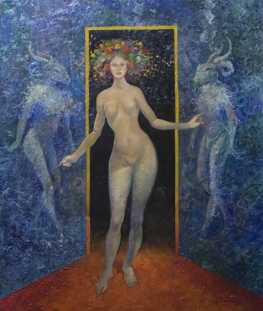 Leonor Fini (Oil on Canvas) in the Style of: Leonor fini appears on verso. Technique: Oil on canvas. Measures: 23 1/2 x 19 1/2 inches. Provenance: Private Collection Miami Fl . Biography: Lived Between (August 30, 1907 – January 18, 1996) was 