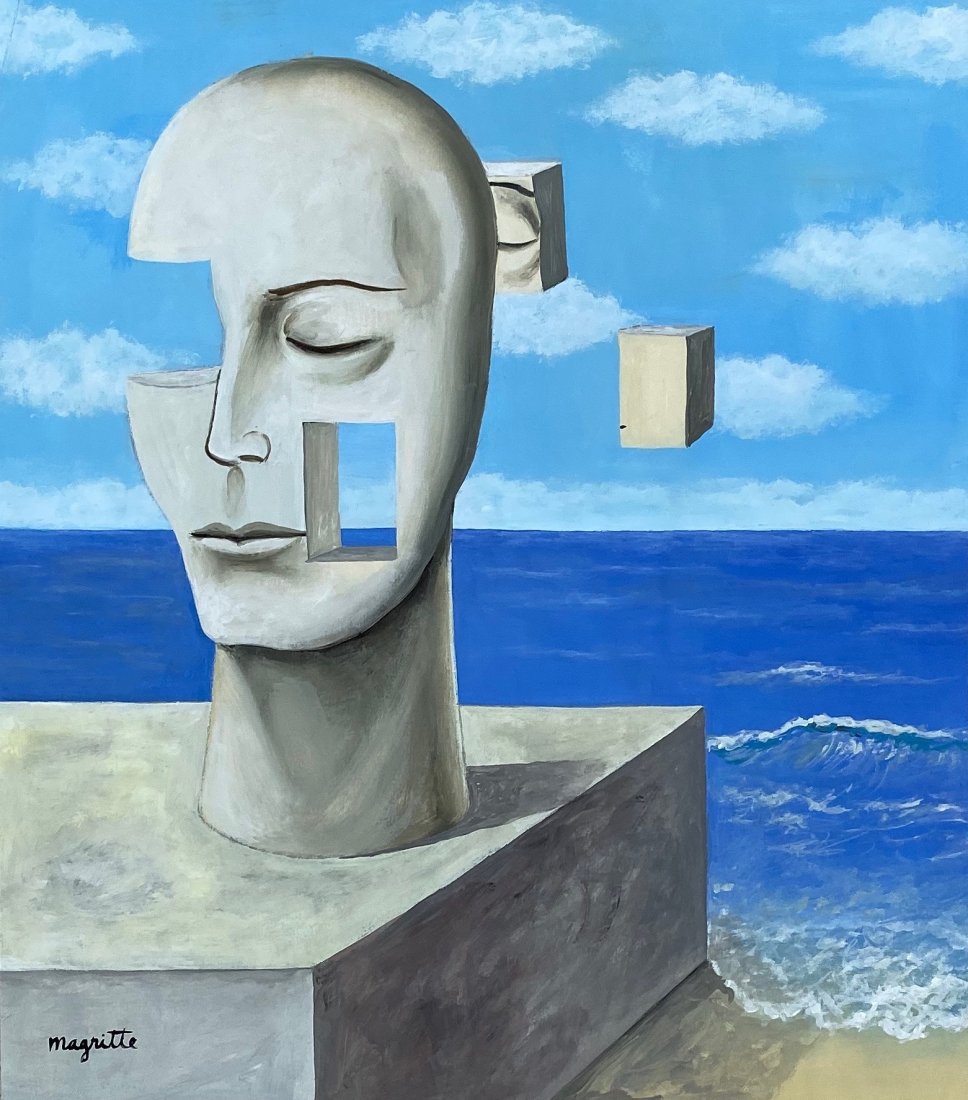 Rene Magritte (Gouache on Paper) in the style of: Magritte Appears Lower Left. Technique: Gouache on Paper Painting. Measures: 14 X 12 3/8 Inches. Provenance: Private collection United States, Acquired from Edward leon brussels by 1964. A Certificate