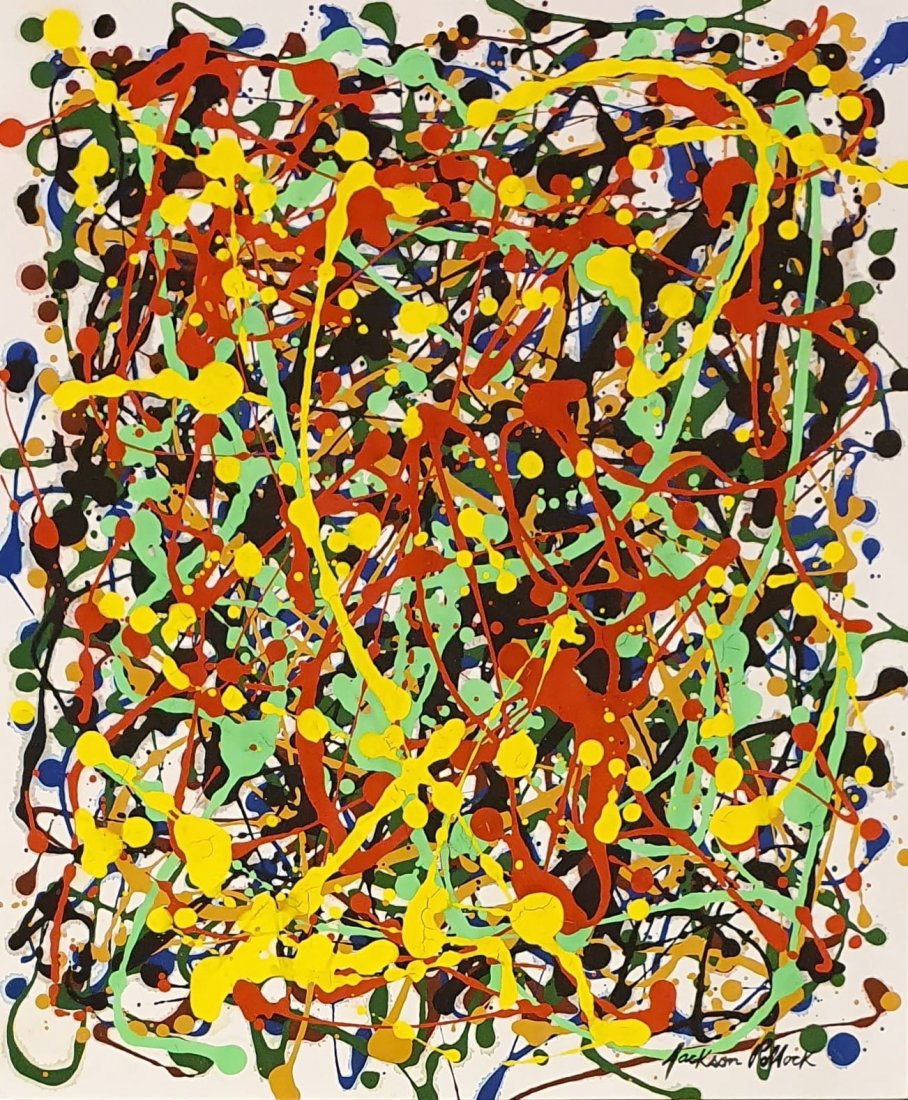 Jackson Pollock (Gouache on Paper) in the style of: Jackson Pollock Appears Lower Right. Technique: Gouache on Paper Painting. Measures: 15 ¾ X 13 Inches. Provenance: Private Collection Kanzas City Found in 1962 amount with other paintings in Manhatta