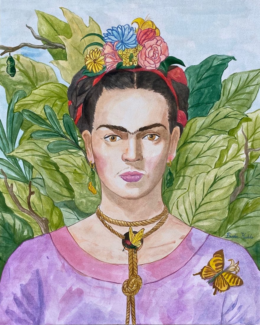 Frida Kahlo (Watercolor on paper) in the style of: Frida Kahlo Appears in the right stretch above the shoulder. Technique: Watercolor on Paper Drawing. Measures: 14 X 11 Inches. Provenance: Collection of Mercedes Zayas Purchased from Misrachi gallery 