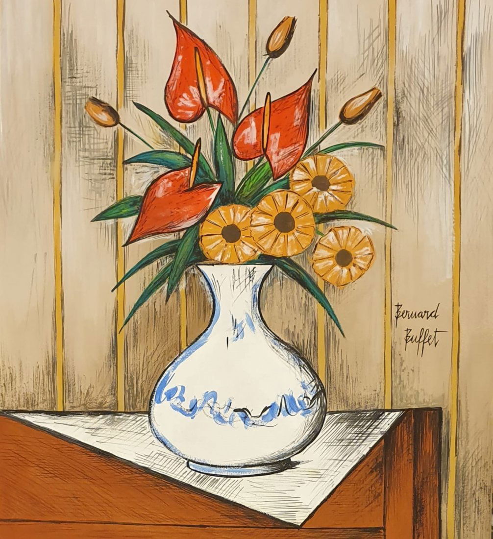 Bernard Buffet (Gouache on paper) in the style of: Bernard Buffet Appears in Center Right. Technique: Gouache on Paper Painting. Measures: 14 ¾ X 13 ½ Inches. Provenance: Private Collection Europe Marylin Evans. Acquired by family descent. A Certifi