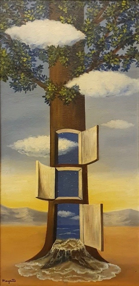 Rene Magritte (Oil on Canvas) in the style of: Magritte appears lower left. Technique: Oil on canvas. Measures: 23 x 11 inches. Provenance: Private Collection Germany Purchased in Belgium in 1978 Acquired directly from a Artist Friend .A Certifica