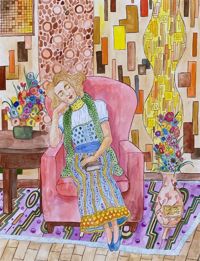Gustav Klimt (Watercolor on Paper) in the style of: Gustav Klimt appears upper right. Technique: Watercolor on paper. Measures: 16 3/4 by 12 3/4 inches. Provenance: Acquired by the grandfather of the present owner and thence by descent, Private Collect