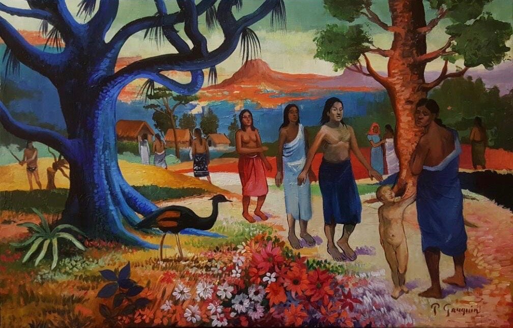 Paul Gauguin (Oil on Canvas) in the style of: P. Gauguin appears lower right. Technique: Oil on canvas. Measures: 16 x 23 inches. Provenance: Private Collection Stockholm , Acquired from Kirsten Platou. Descent by Family.A Certificate Accompanies