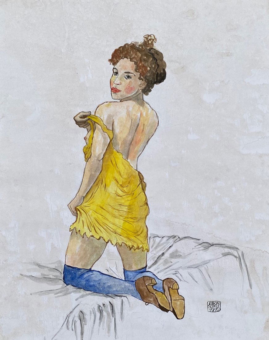Egon Schiele (Watercolor on paper) in the style of: Egon Schiele 1910 appears lower right. Technique: Watercolor on paper. Measures: 14 x 11 inches. Provenance: Private Collection Vienna From the collection of Kurt Roseg Purchased from the Family of th