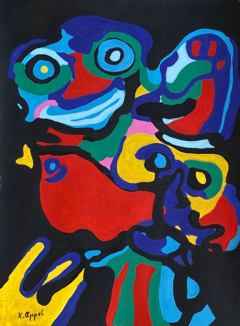Karel Appel (Gouache on Paper) in the style of: K. Appel appears lower left. Technique: Gouache on paper. Measures: 14 3/4 x 10 3/4 inches. Provenance: Private Collection Miami Fl Purchased in Amsterdan in 2008. Biography: Lived between (25 April 1