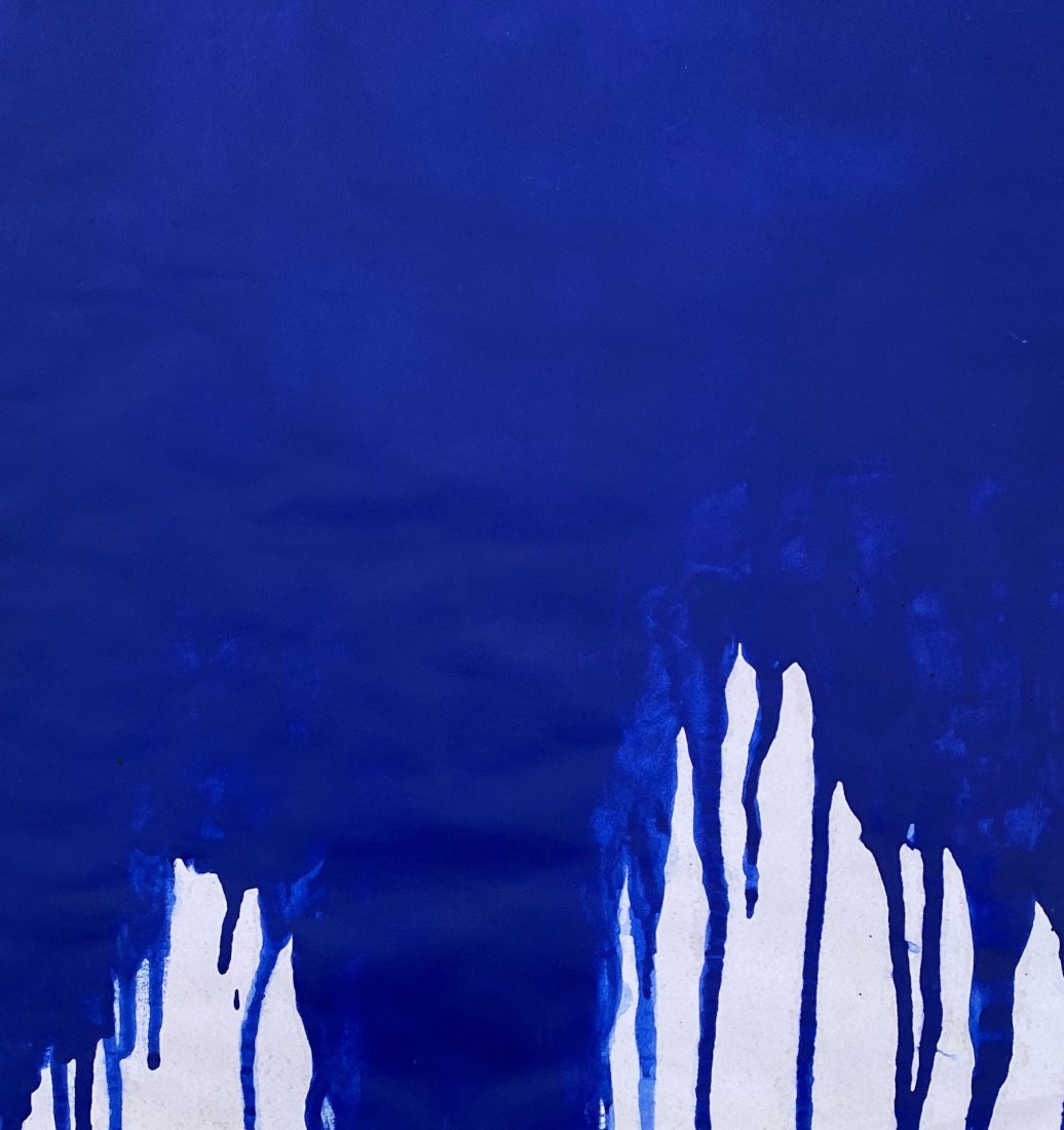 Yves Klein (Blue Pigment on paper) in the style of: Yves appears on verso. Technique: Blue Pigment on on paper. Measures: 15 X 13 inches. Provenance:A Gift from the artist to the Grandfather of the current Owner. A Certificate Accompanies this Lot. Bio