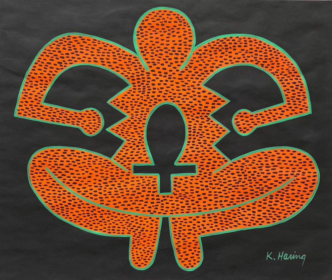 Keith Haring (Gouache on Paper) in the style of: K.Haring Appears lower right. Technique: Gouache on Paper. Measures: 12.5 X 15 Inches. Provenance: Purchased in New York in 1986. A Certificate Accompanies this Lot. Lived Between May 4, 1958 Â– Fe