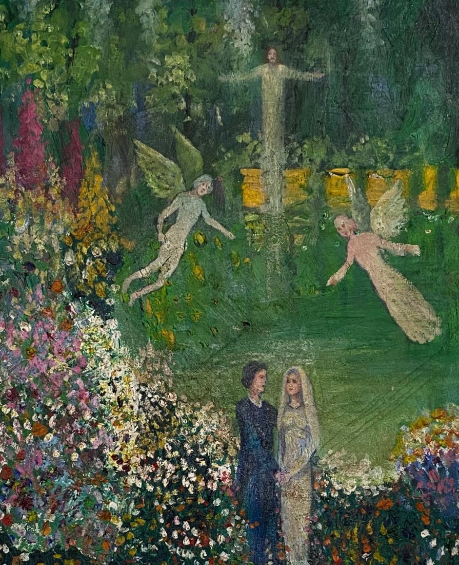 Marc Chagall (Oil on canvas) in the style of: Marc Chagall Appears lower Right. Technique: Oil on Canvas Painting. Measures: 19 1/2 x 15 3/4 Inches. Provenance: Private Collection London, Gift from the above to the present owner. A Certificate Ac