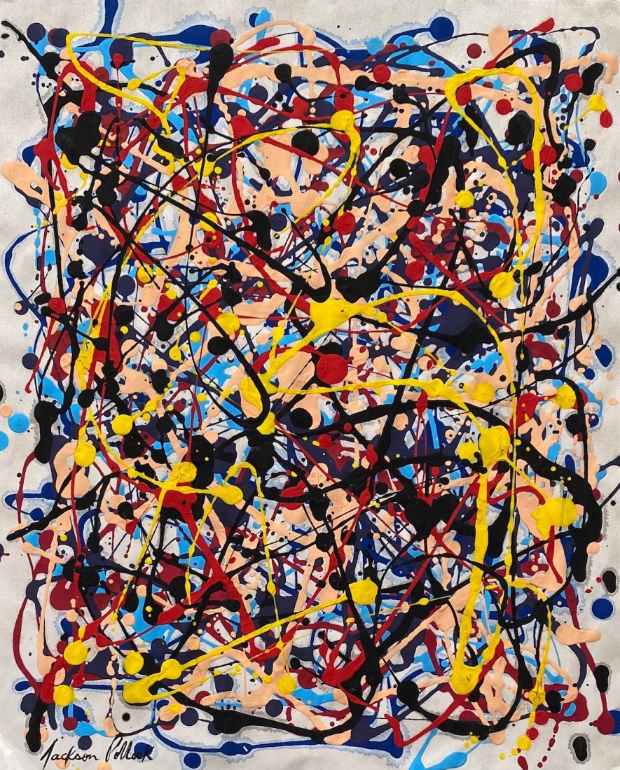 Jackson Pollock (Gouache on Paper) in the style of: Jackson Pollock Appears lower left. Technique: Gouache on paper. Painting. Measures: 15 x 12 Inches. Provenance: Carolin Report , Private Collection Switzerland sold in 1983 private collection New Yor