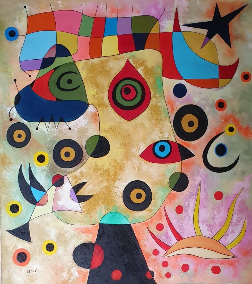 Joan Miro (Oil on Canvas) In The Style of: Miro appears lower left. Technique:Oil on canvas Painting. Measures: 43 x 39 inches. Provenance: Acquired directly from the artist from Antoni Matas , Private Collection Barcelona .An appraisal certif