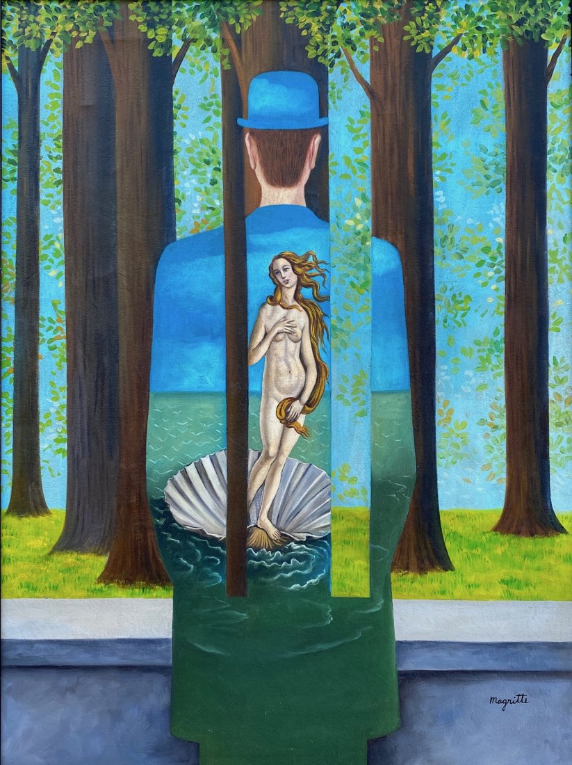 Rene Magritte (Oil on Canvas) in the style of: Magritte appears lower right. Technique: Oil on canvas Painting. Measures: 40 x 30 inches. Provenance: Justin Rakofsky 1953 , Private Collection Belgium. Acquired from the above by the present owner .