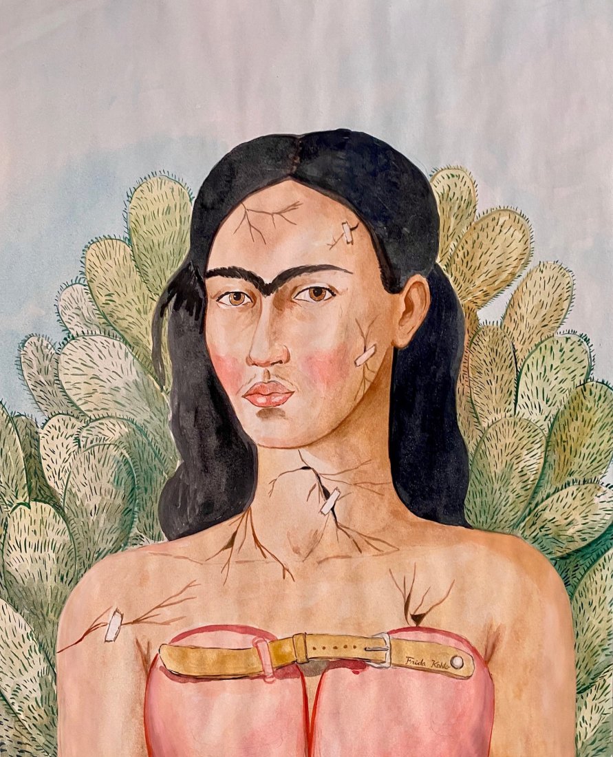 Frida Kahlo (Watercolor on paper) In the Style of: Frida Kahlo Appears lower right. Technique: Watercolor on Paper Drawing. Measures: 14 X 11 1/4 Inches. Provenance: Acquired from Alberto Misrachi Mexico , Purchased at Misrachi gallery, Private collec