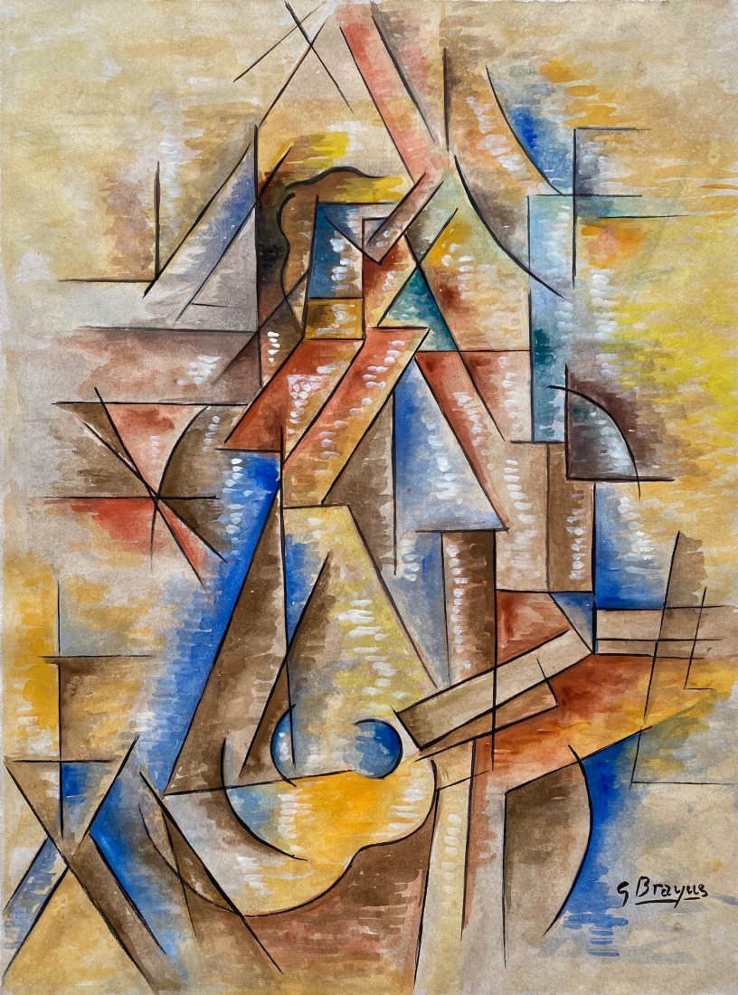 Georges Braque (Watercolor on Paper) In the Style of: G Braque appears lower Right. Technique: Gouache on Paper Painting. Measures: 14 X 10 1/2 Inches. Provenance: Constance Coline, Paris, Acquired by the son of the last owner. A Certificate accompanies 
