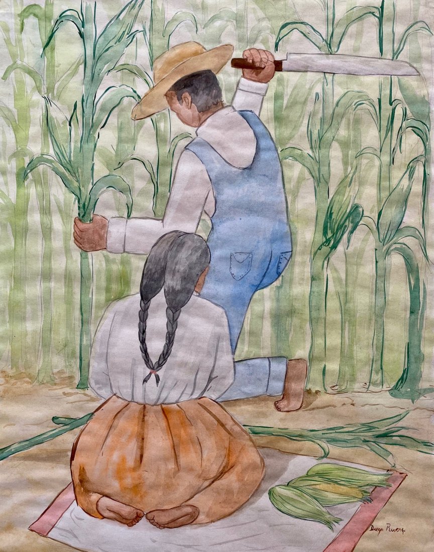 Diego Rivera (Watercolor on Paper) in the style of: Diego Rivera Appears lower right. Technique: Watercolor on paper Painting. Measures: 19 1/2 x 15 1/4 Inches. Provenance: Purchased in Mexico From Dr Jesus Bracamontes, Private collection France Dr Ger