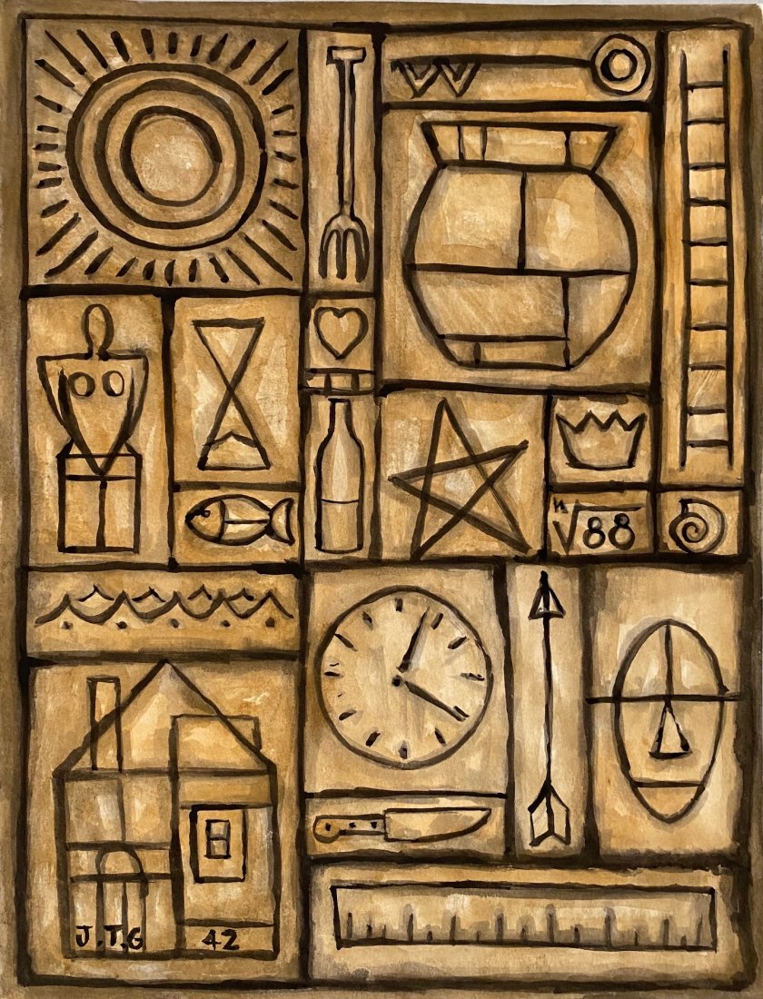 Joaquin Torres Garcia (Watercolor on Paper) Style of: J.T.C 42 appears lower right. Technique: Watercolor on paper, Painting. Measures: 15 3/4 x 12Inches. Provenance: Private Collection Uruguay , Acquired from Emiliano Casases Private Collection Chile. A