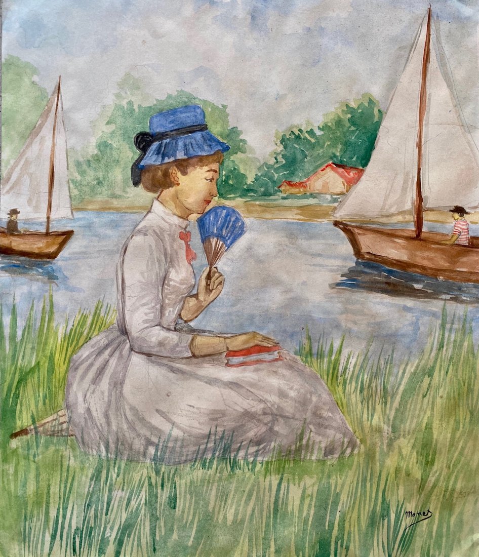 Edouard Manet (Watercolor on paper) in the style of: Manet Appears Lower Right. Technique: Watercolor on Paper Painting. Dimensions: 16 X 13 3/4 Inches. Provenance: Private collection Europe , Collection of Maurice le Garrec , Anon Sale 1986 Private Col