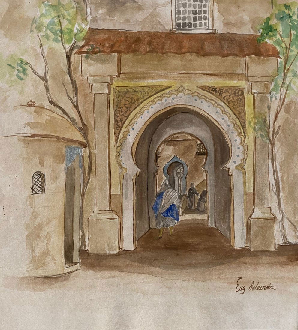 Eugene Delacroix (Watercolor on Paper) in the style of: Eug Delacroix Appears lower Right. Technique: Watercolor on Paper Painting. Dimensions: 12 X 11 Inches. Provenance: Frederic Villot collection. sale Villot Pris Hotel Orovot.A Certificate Accompanies