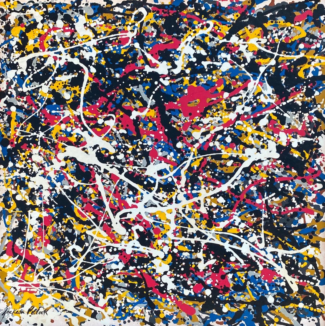 Jackson Pollock (Enamel on Canvas) in the Style of: Jackson Pollock appears in lower left. Technique: Enamel on canvas Painting. Measures: 22 x 22 Inches. Provenance:Private collection West Palm Beach Fl Acquired by descent from the Father of the curre