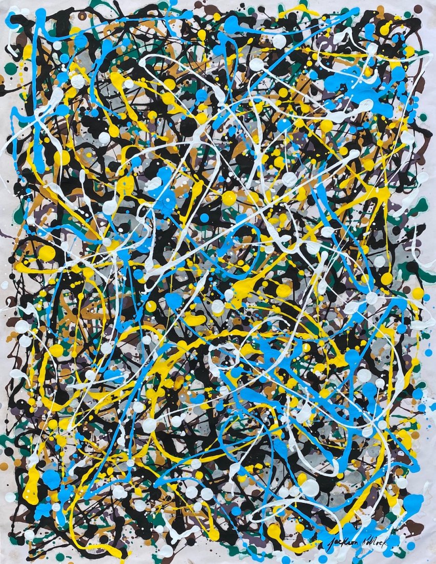 Jackson Pollock (Gouache on Paper) in the Style of: Jackson Pollock appears in lower right. Technique: Gouache on paper Painting. Measures: 22 x 17 Inches. Provenance:Acquires in New York in 1952 by Robert Davis Close friend of the artist. Anon Sale by