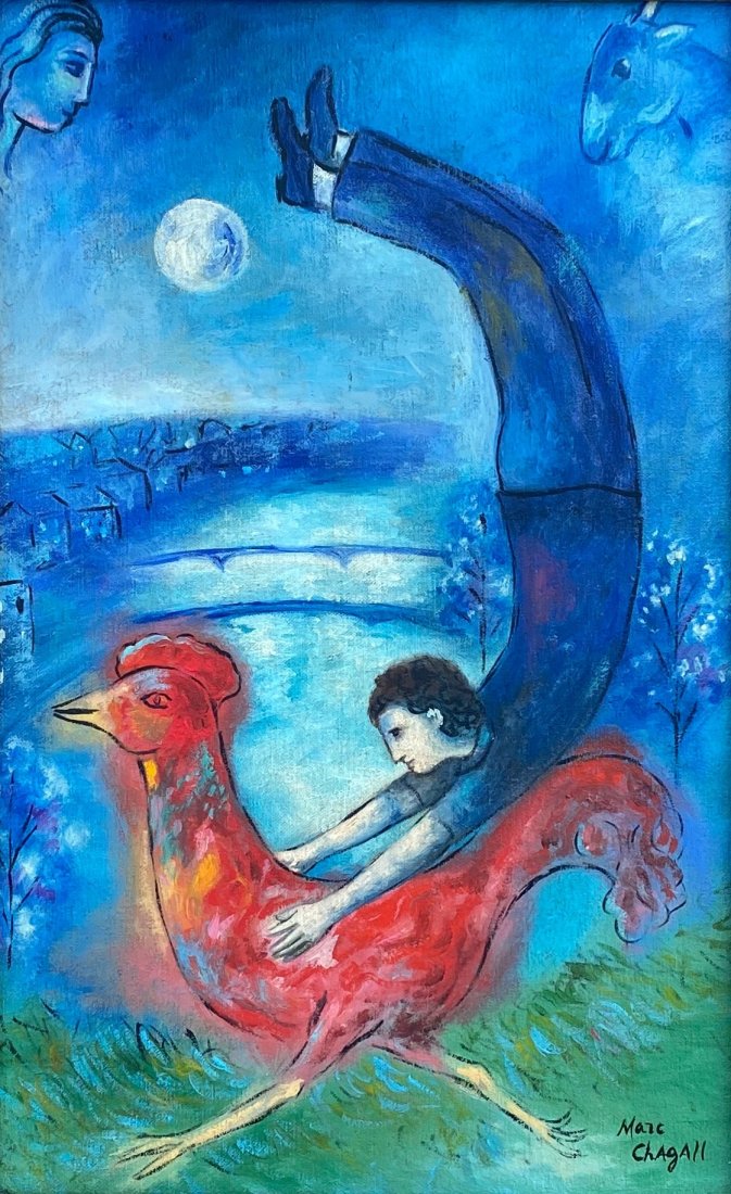Marc Chagall (Oil on canvas) in the style of: Marc Chagall appears in lower right. Technique: Oil on canvas Painting. Measures: 16 x 10 inches. Provenance:Private collection France Jean Latrique Purchased in Paris in 1978 by the father of the cur