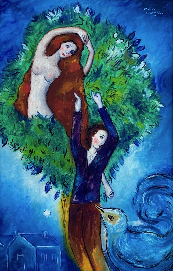 Marc Chagall (Oil on canvas) in the style of: Marc Chagall appears in upper right. Technique: Oil on canvas Painting. Measures: 18 x 12 inches. Provenance:Private collection French Found in Paris in 1992 keped in the same family since them.A Cert