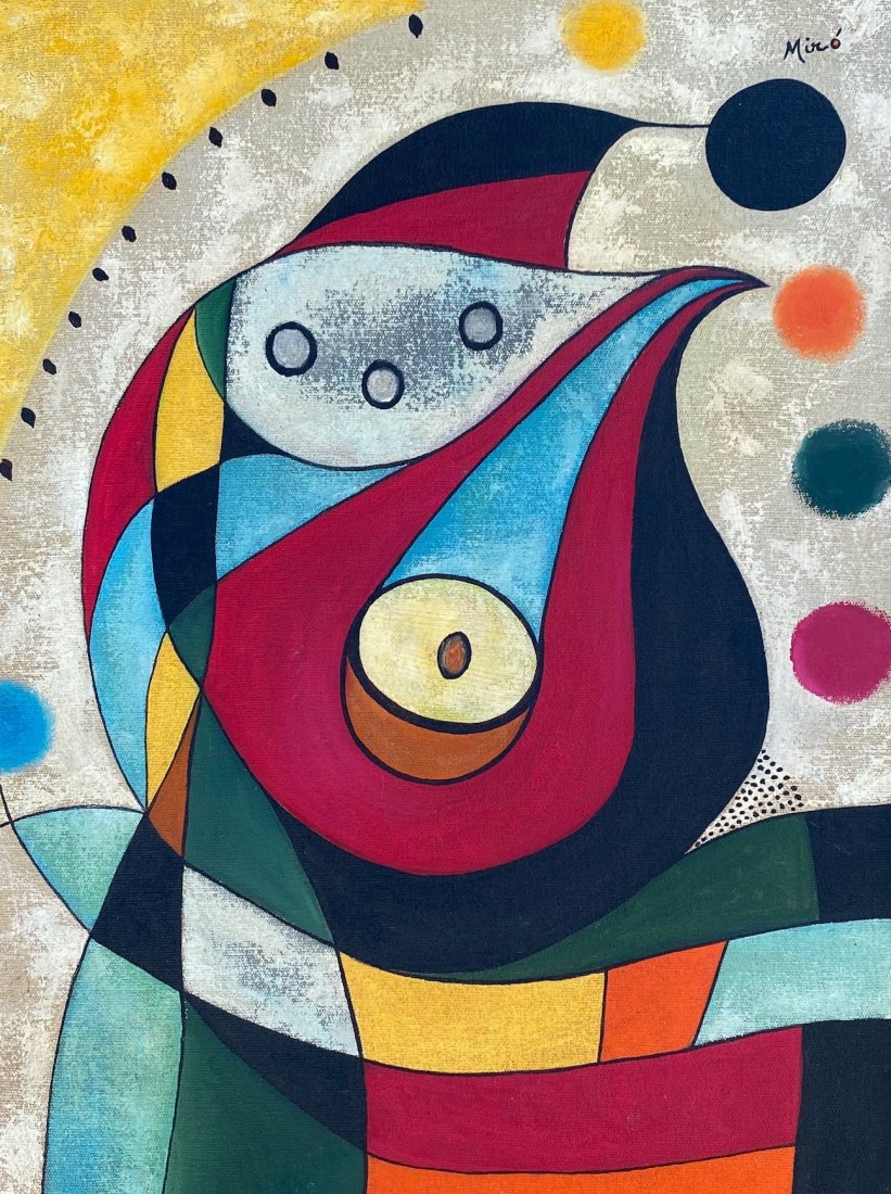 Joan Miro (Oil on Canvas) In the Style of: Miro appears in upper right. Technique:Oil on canvas Painting. Measures: 24 x 18 inches. Provenance: Jose Miguel Marquez Spain Private Collection Acquired from a artist representing galleriest Private