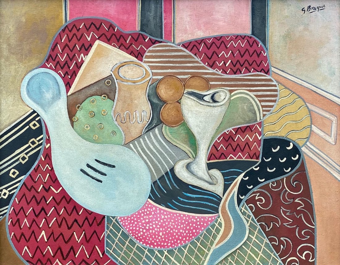 Georges Braque (Oil on Canvas) In the Style of: G Braque appears in upper Right. Technique: Oil on canvas. Painting. Measures: 14 x 18 Inches. Provenance:Theodore schemp Private collection Spain Sold in 1987. A Certificate accompanies this lot. Liv