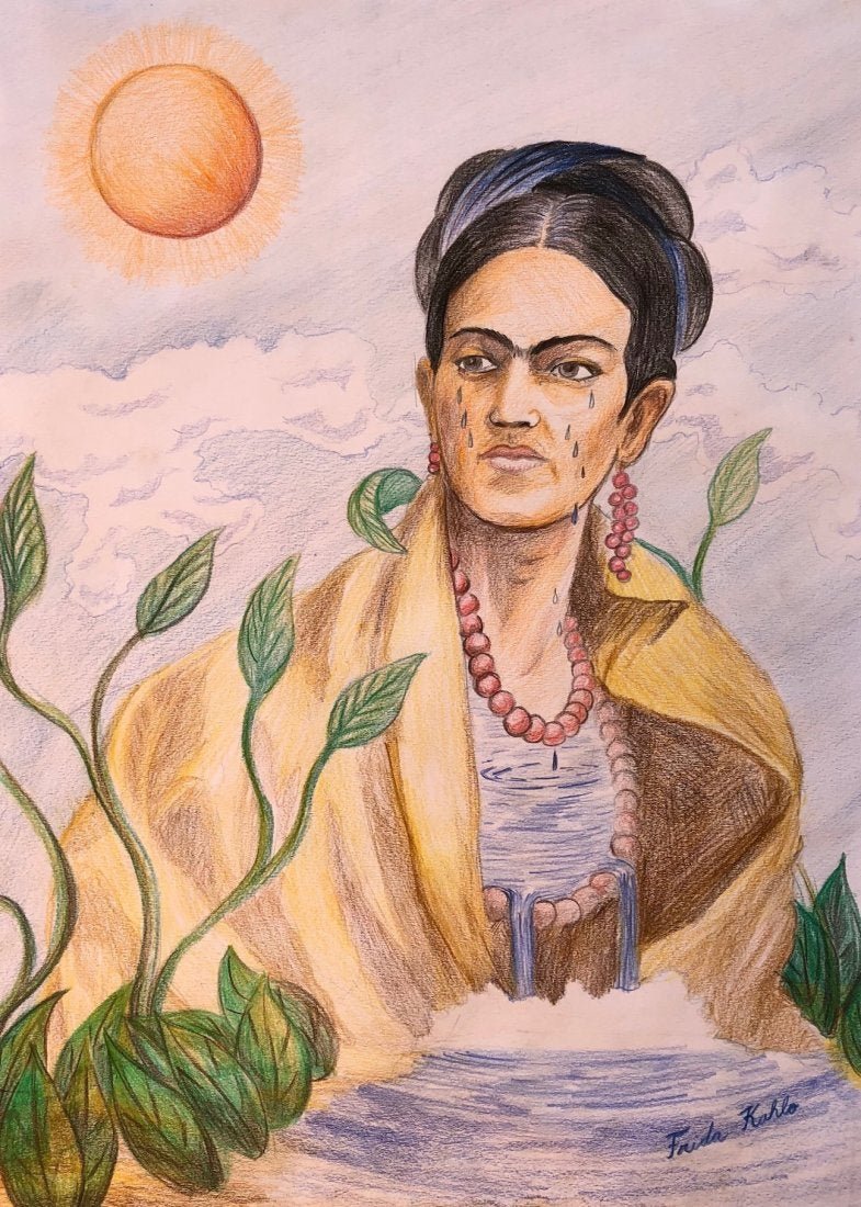 Frida Kahlo (Watercolor on paper) In the style of: Frida Kahlo Appears in lower right. Technique: Watercolor on Paper Drawing. Measures: 14 1/4x 10 1/4 Inches. Provenance: Museum Franz Mayer Mexico City, Certificate of Authenticity by INBA Instituto N
