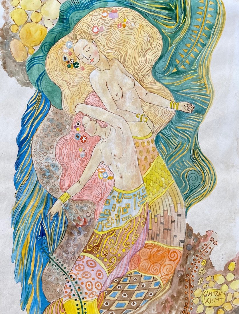 Gustav Klimt (Watercolor on Paper) In the style of: Gustav Klimt appears in lower Right. Technique: Watercolor on Paper Painting. Dimensions: 15 x 11.5 Inches. Provenance:Martin Huber Vienna Work apperars in New York by 1936 . Private Collection New Yo