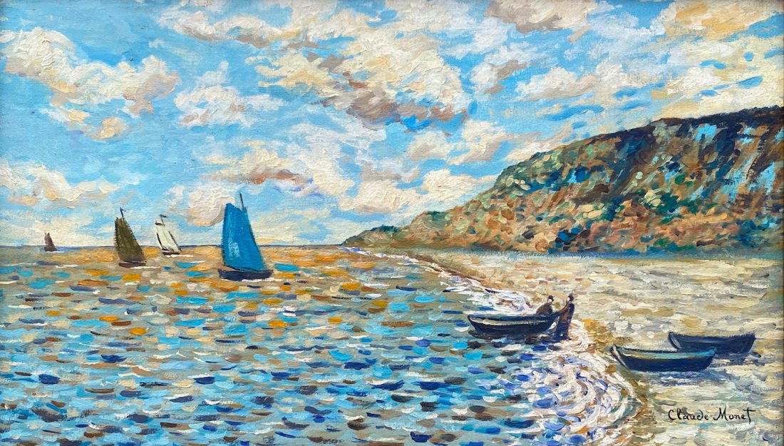 Claude Monet (Oil on Canvas) in the style of: Claude Monet appear in lower right. Technique: oil on canvas. Measures: 11 x 19 inches. Provenance: Particular collection of Benoit shepherd Paris Sold in 1945 , Appears in 1969 New York Private Colle