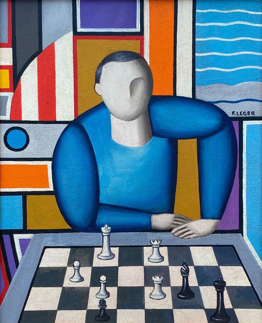 Fernand Leger (Oil on Canvas) Style of: F. Leger appears in the right center. Technique: Oil on Canvas Painting. Measures: 16 x 13 inches. Provenance: Particular collection Paris Acquired directly from the artist as a Gift for chess players