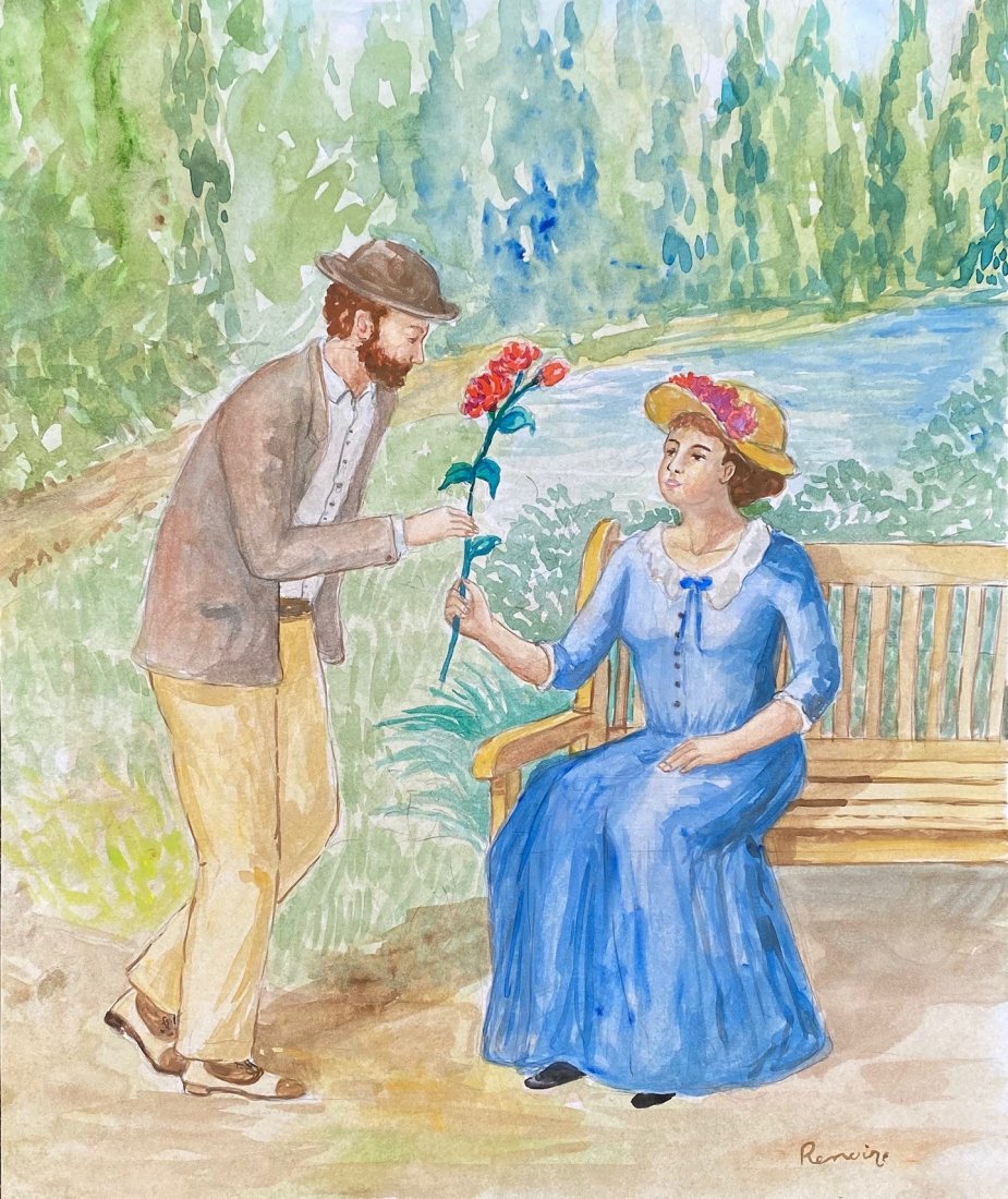 Pierre Auguste Renoir (Watercolor on Paper) style of: Renoir appears in lower right. Technique: Watercolor on paper Drawing. Measures: 16 x 12 inches. Provenance: Colette Bisset Private Collection France. Lived between (25 February 1841 – 3 December 19
