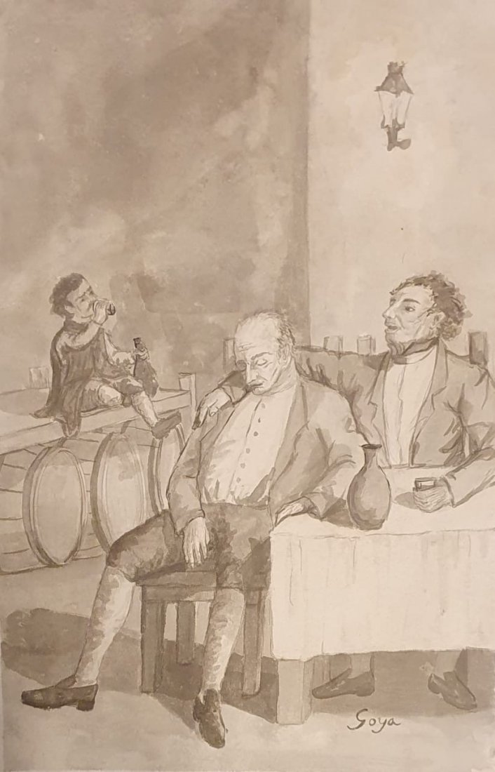 Francisco Goya (Bruch/ink on Paper) Style of: Goya appears in lower right. Technique: Bruch ink on paper. Measures: 13 x 18 inches. Provenance: Collection of Ramon Albazar Spain. Sold in 1955 to Maria de la conception Spain . Private Collection U