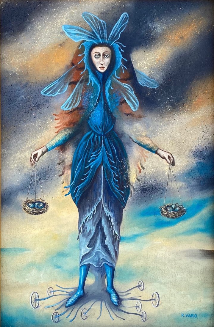Remedios Varo (Oil on Canvas) In the Style of: R.Varo Appears Lower Right. Technique: Oil on Canvas Painting. Measures: 17 x 11 Inches. Provenance: Collection of Saul Muruaga Mexico City Acquired Directly from the artist in 1958 Seller Son of the 