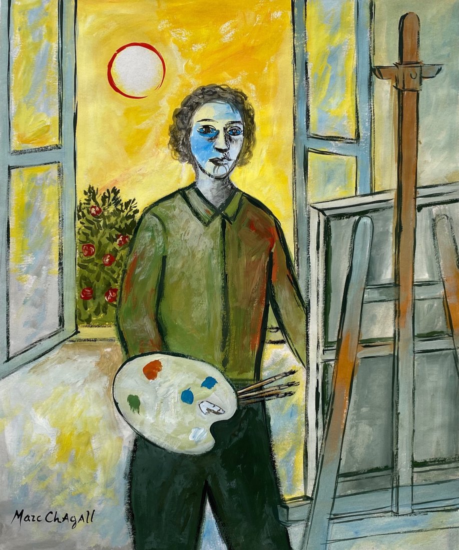 Marc Chagall (Gouache on Paper ) In the Style of: Marc Chagall appears lower left. Technique: Gouache on paper Painting. Measures: 12 3/4 x 10 3/4 inches. Provenance: Private Collection Texas . Purchased in 1976 from Acadia Mercier Paris Brought from