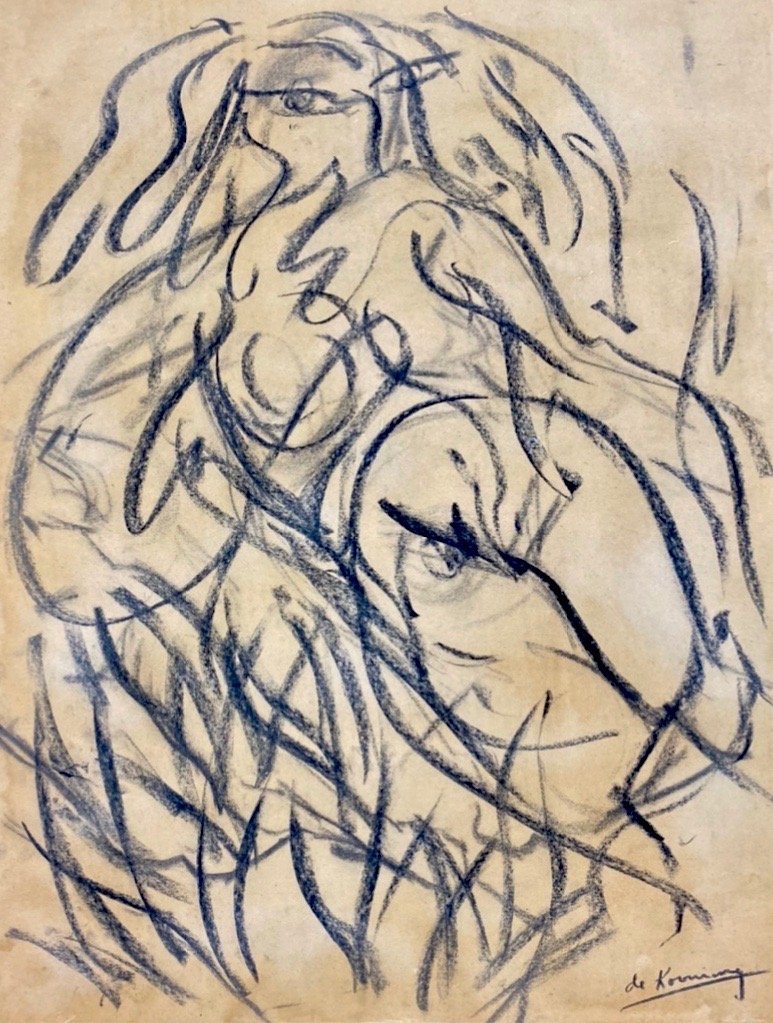 Willem de Kooning (Crayon on paper) In the Style of: De Kooning Appears in Lower right. Technique: Crayon on Paper Painting. Measures: 23 1/4 x 17 Inches. Provenance: Private Collection New York Acquired From the Artist . A Certificate Accompanies this 