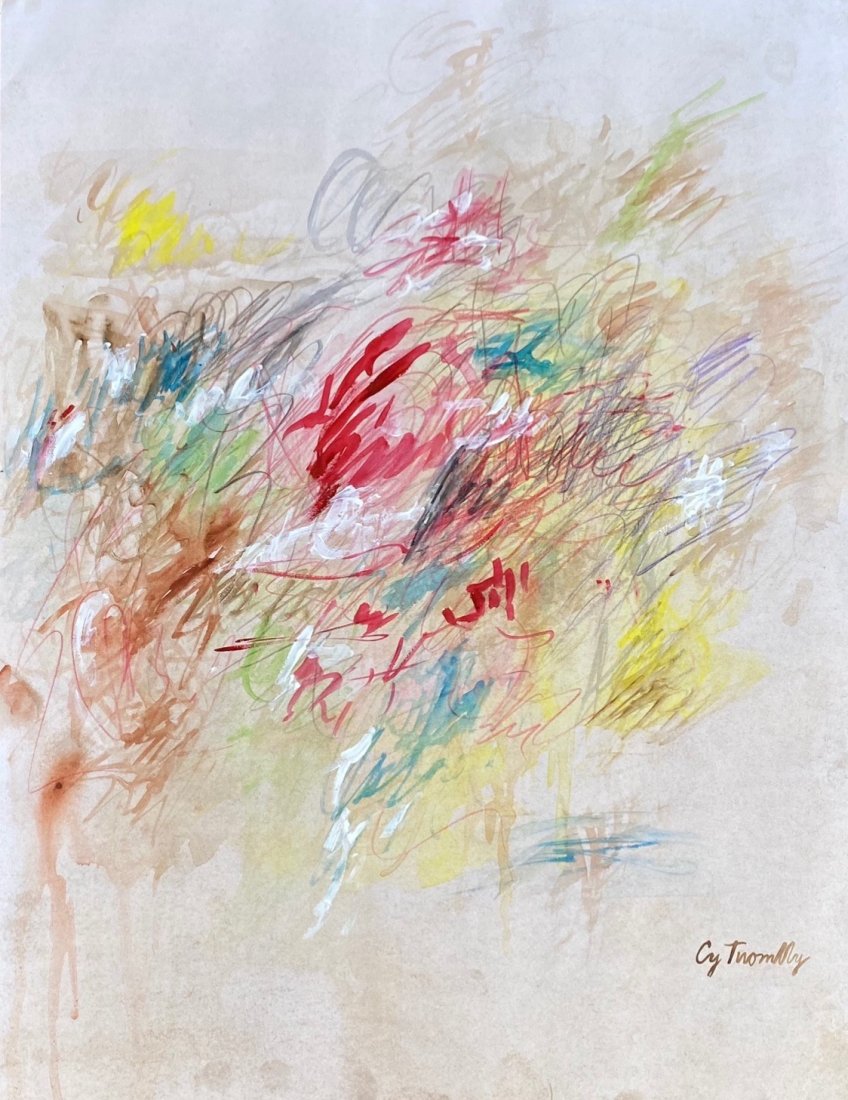 Cy Twombly (Gouache on paper) In the Style: Cy Twombly appears in lower right. Technique: Gouache on paper Painting. Measures: 16 x 12 inches. Provenance:Particular collection Italy Acquired directly from the artist.A Certificate is present. Bi