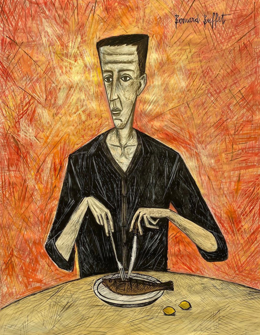 Bernard Buffet (Gouache on paper) in the style of: Bernard Buffet Appears upper right Technique: Gouache on Paper Painting. Measures: 18 x 14 Inches. Provenance: Acquired Directly from the Artist Paris, Sold in 1973 Purchased by the Parents of the pre