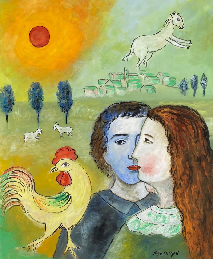 Marc Chagall (Gouache on Paper) In the Style of: Marc Chagall appears lower right, Measures: 22 x 18 inches, Technique: Gouache on paper painting. Provenance: Private collection. This pieces comes with a COA. Biography: Lived Between 1887 – 1985) 