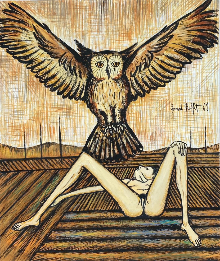 Bernard Buffet (Gouache on paper) in the style of: Bernard Buffet appears in the middle of margin. Technique: Gouache on Paper Painting. Measures: 13 1/2 x 11 1/2 Inches. Provenance: Private collection. COA accompanies this Lot. Lived Between (10 July