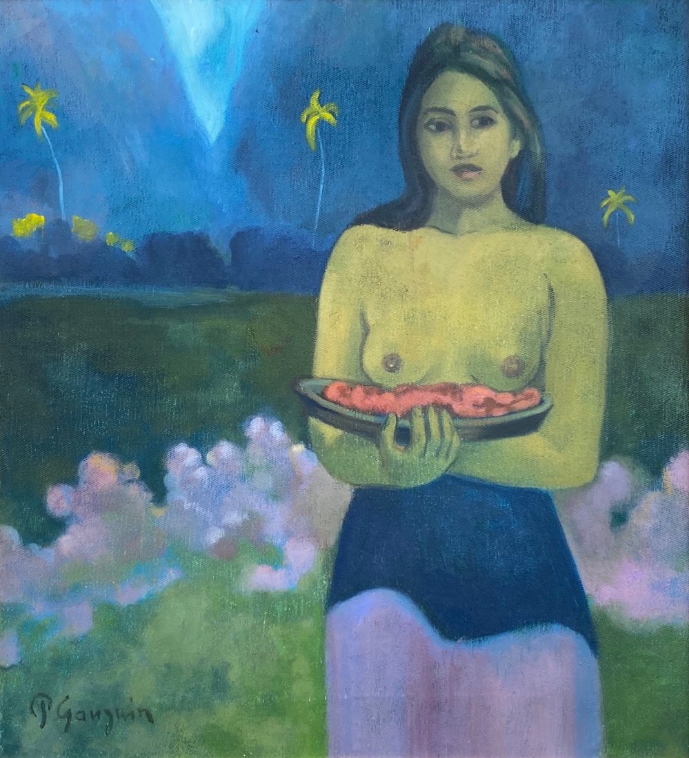 Paul Gauguin (Oil on Canvas) in the style of: P. Gauguin appears lower left. Technique: oil on canvas. Measures:17 x 15 1/2 inches. Provenance: Private collection .A Certificate Accompanies this Piece. Biography: (7 June 1848 – 8 May 1903) was 