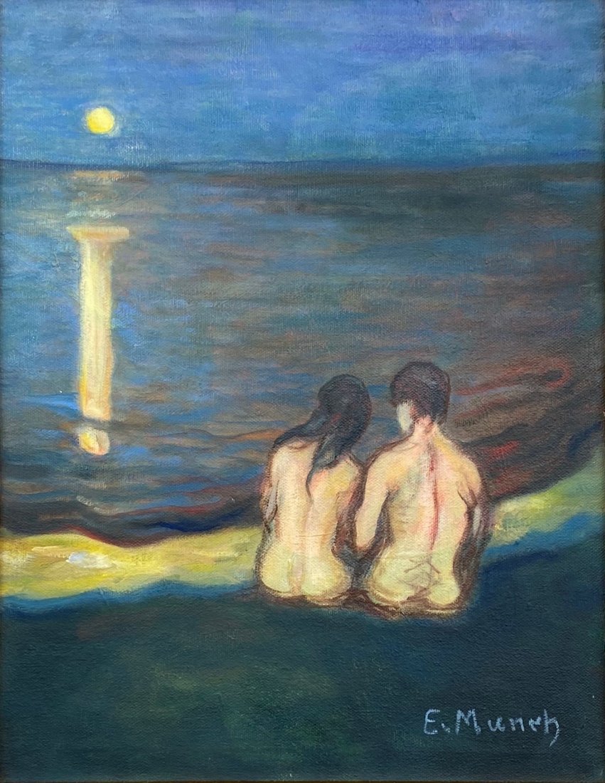 Edvard Munch (Oil on Canvas) In the style of: E. Munch appears in lower right. Technique: Oil on Canvas. Measures: 14 x 11 inches. Provenance:Private Collection. A Certificate Accompanies this lot. Biography: (2 December 1863 – 23 January 1944)